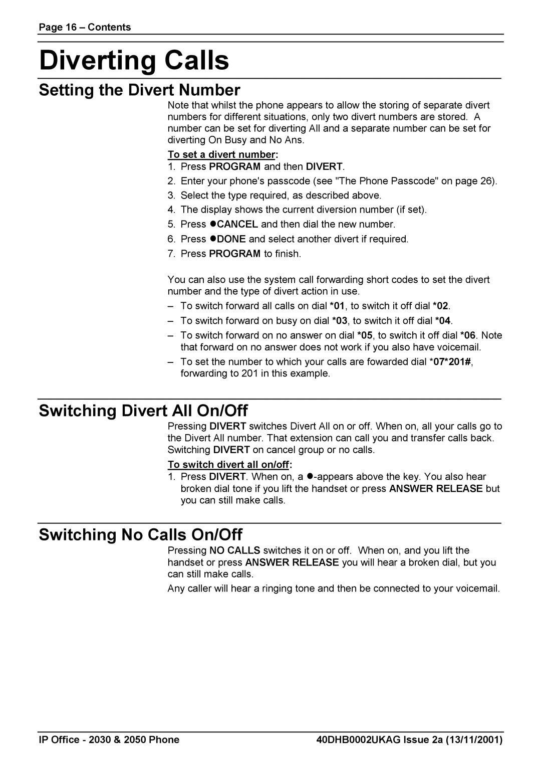 Avaya 2050, 2030 manual Diverting Calls, Setting the Divert Number, Switching Divert All On/Off, Switching No Calls On/Off 