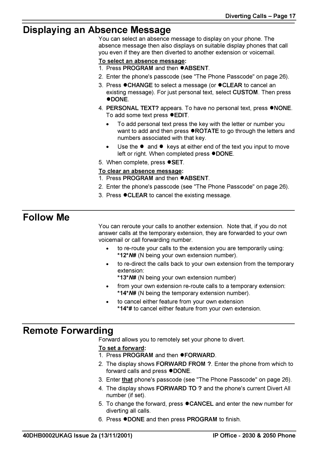 Avaya 2030, 2050 manual Displaying an Absence Message, Follow Me, Remote Forwarding 