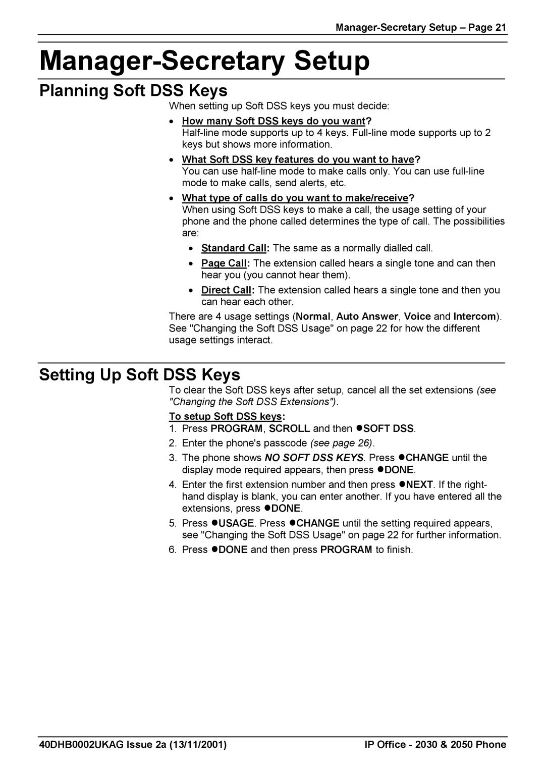 Avaya 2030, 2050 manual Manager-Secretary Setup, Planning Soft DSS Keys, Setting Up Soft DSS Keys 