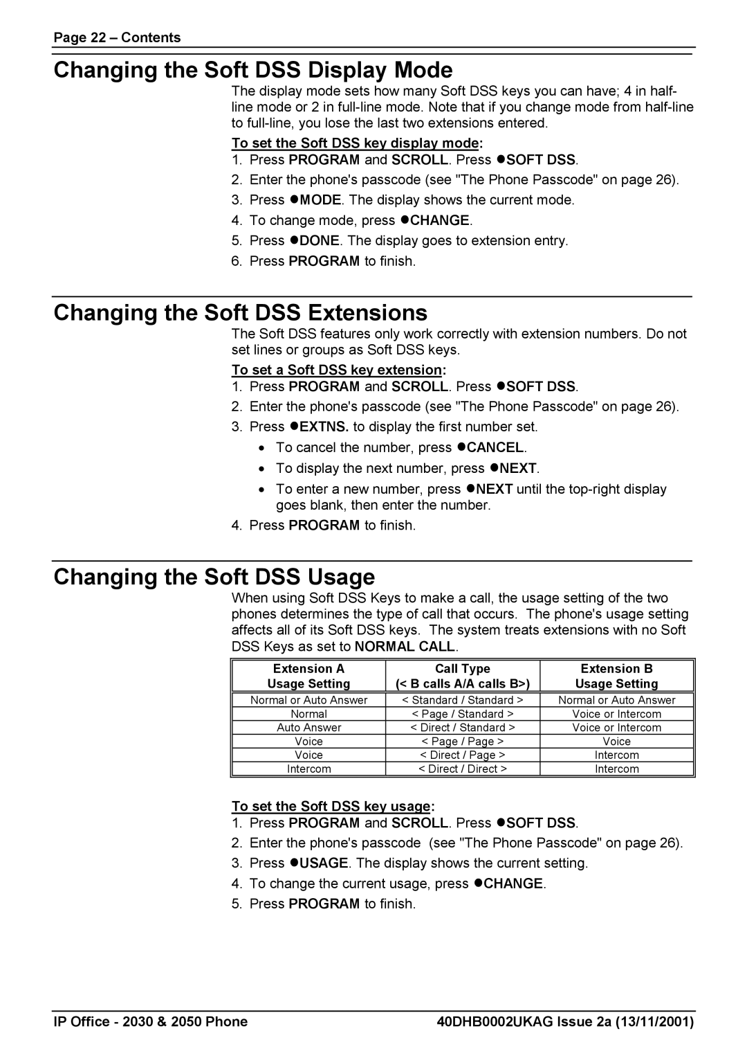 Avaya 2050 Changing the Soft DSS Display Mode, Changing the Soft DSS Extensions, Changing the Soft DSS Usage, Contents 