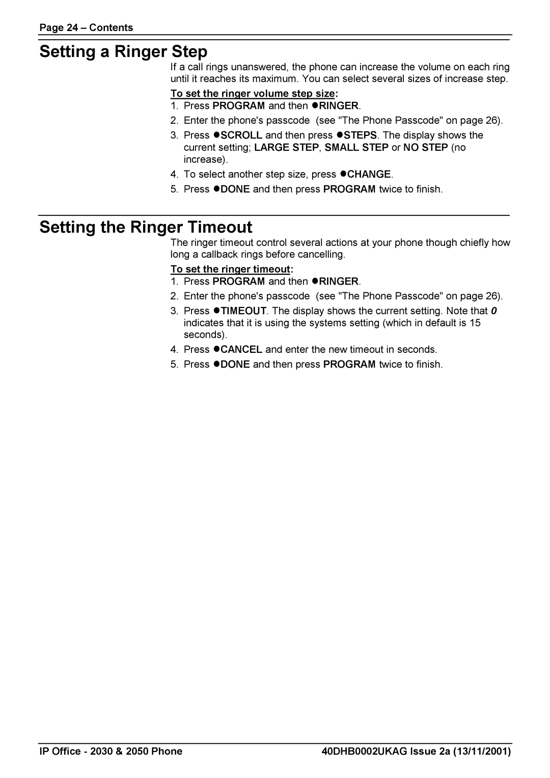 Avaya 2050, 2030 manual Setting a Ringer Step, Setting the Ringer Timeout, Contents, To set the ringer volume step size 