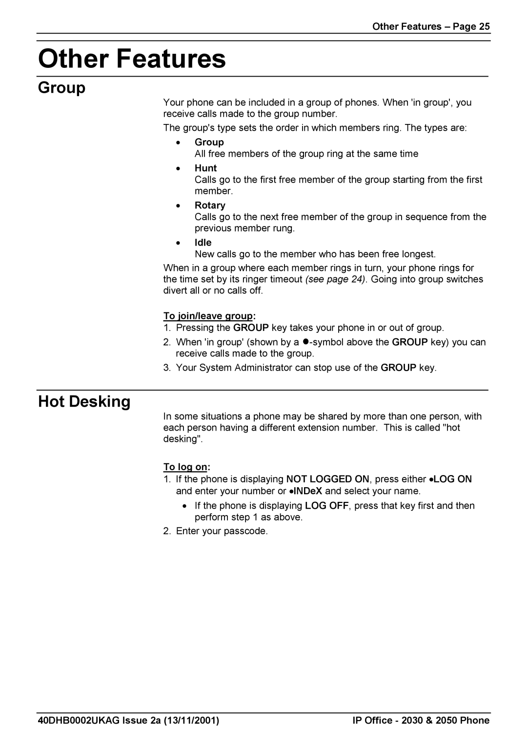 Avaya 2030, 2050 manual Other Features, Group, Hot Desking 