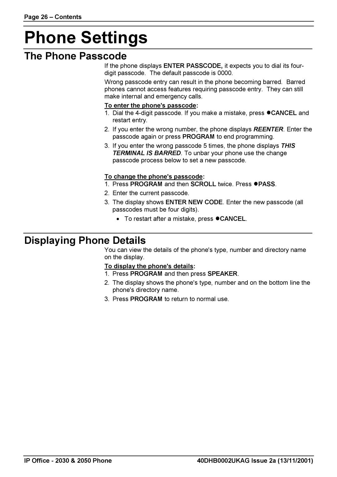 Avaya 2050, 2030 manual Phone Settings, Phone Passcode, Displaying Phone Details 