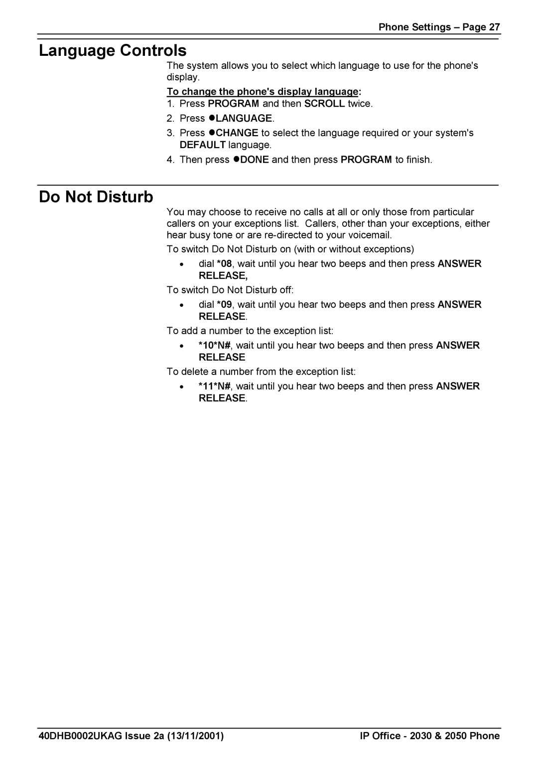 Avaya 2030, 2050 Language Controls, Do Not Disturb, Phone Settings, To change the phones display language, Press Language 