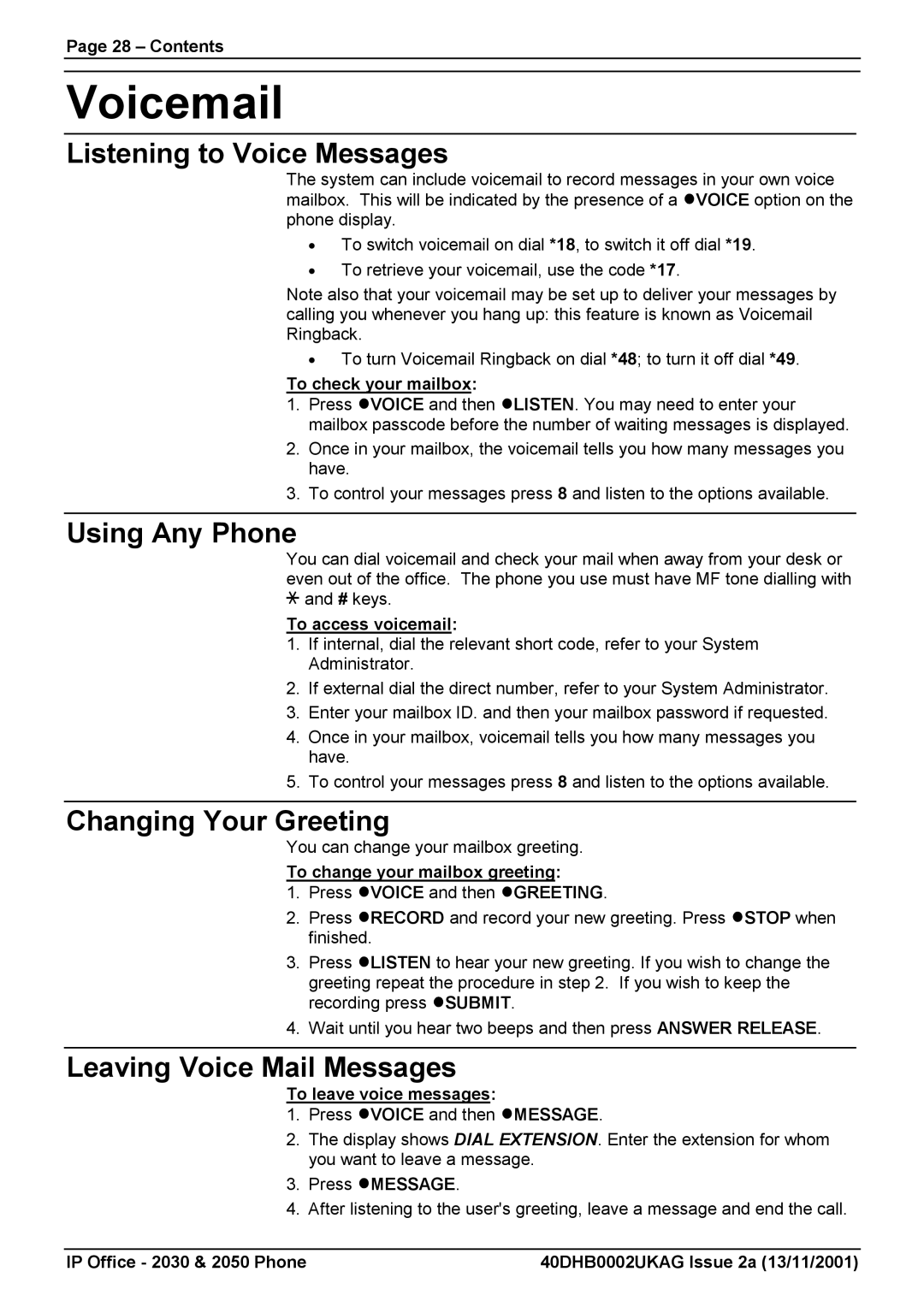 Avaya 2050 Voicemail, Listening to Voice Messages, Using Any Phone, Changing Your Greeting, Leaving Voice Mail Messages 