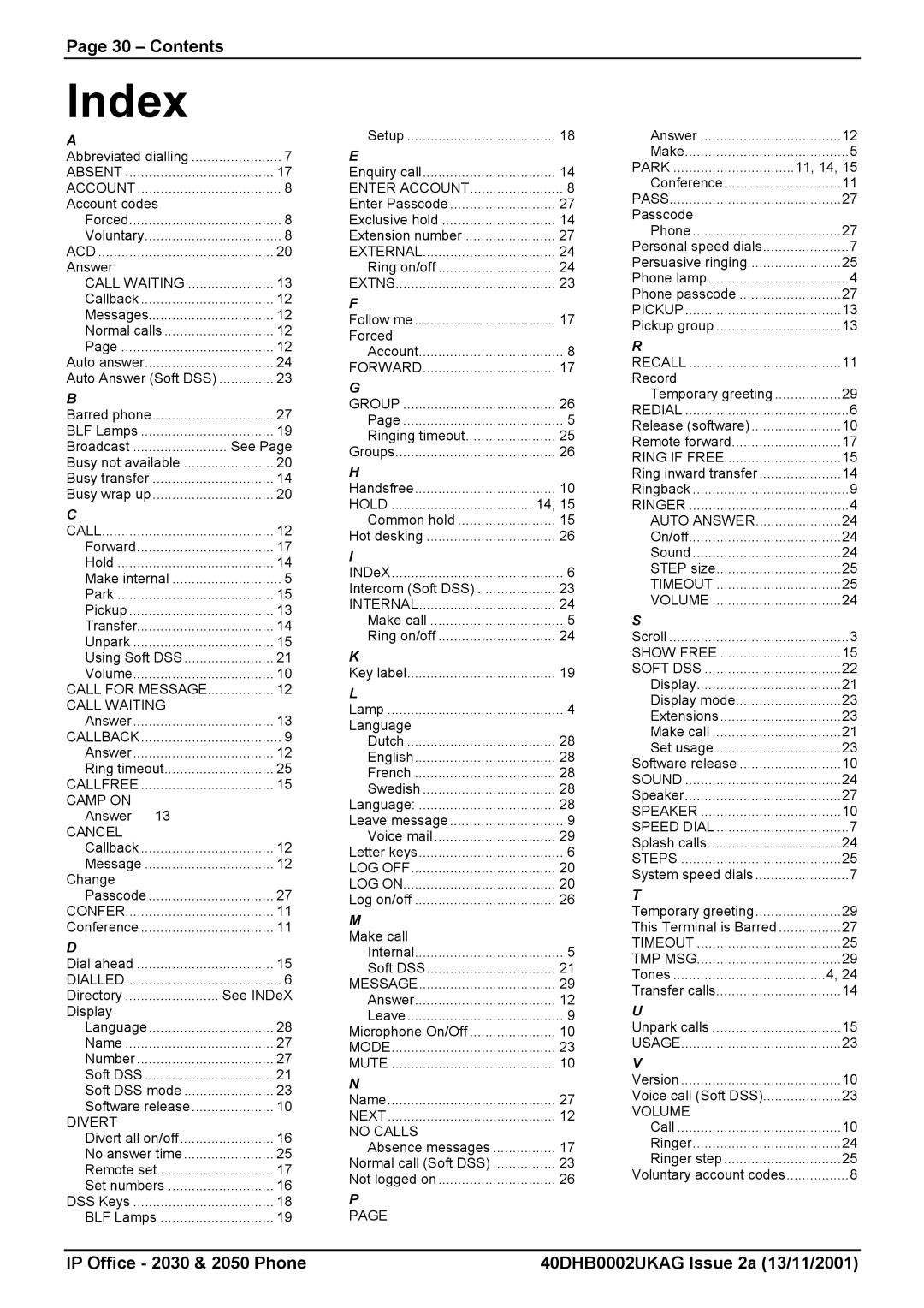 Avaya 2050, 2030 manual Index, Contents 