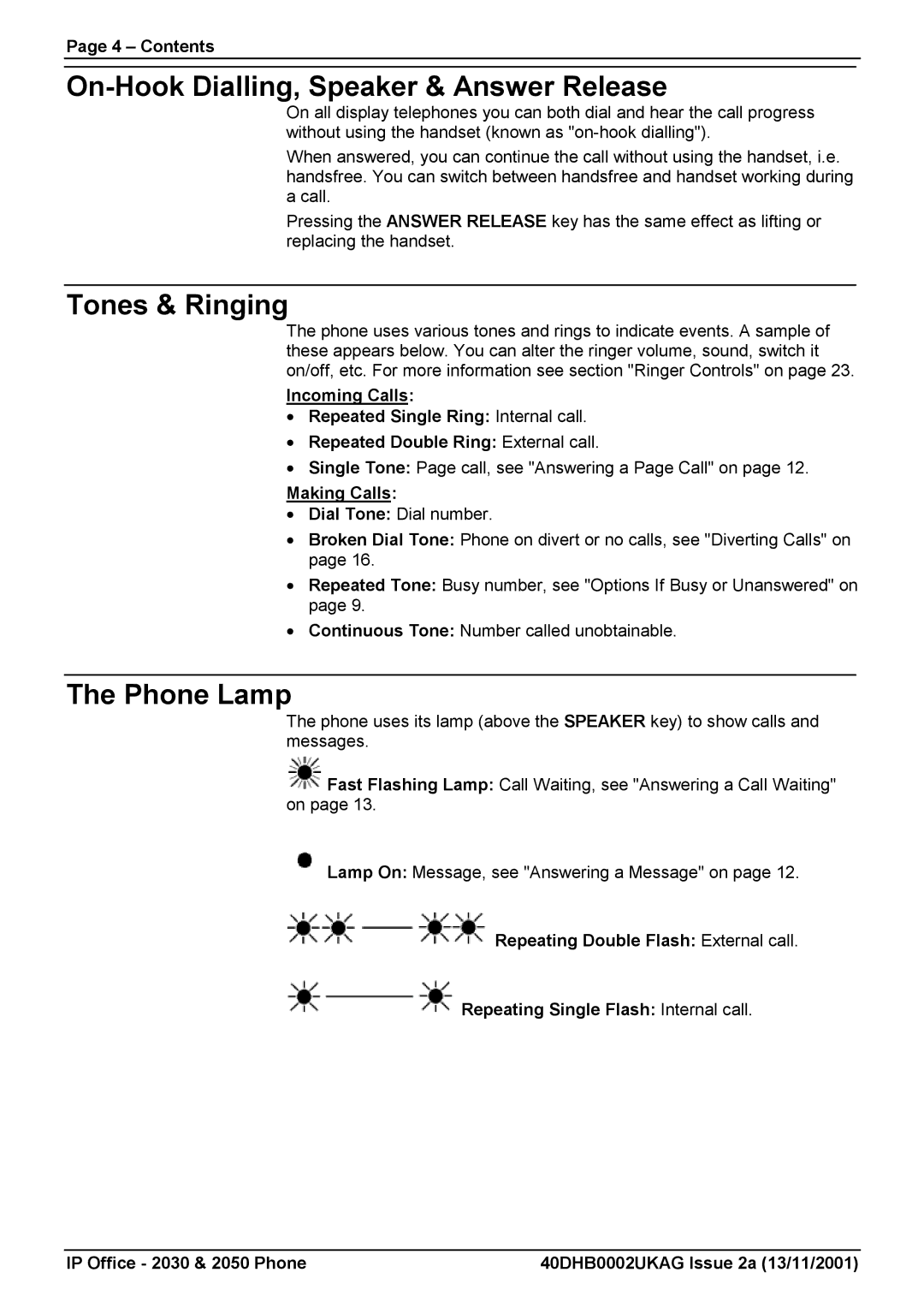 Avaya 2050, 2030 manual On-Hook Dialling, Speaker & Answer Release, Tones & Ringing, Phone Lamp, Contents, Making Calls 