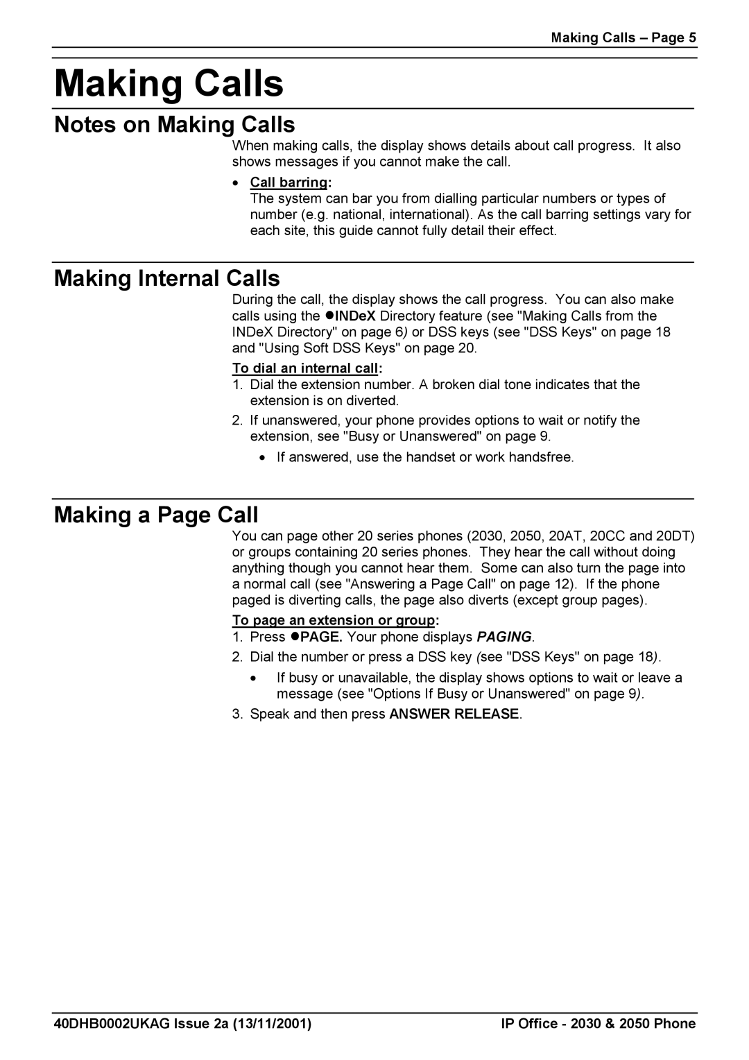 Avaya 2030, 2050 manual Making Calls, Making Internal Calls, Making a Page Call 