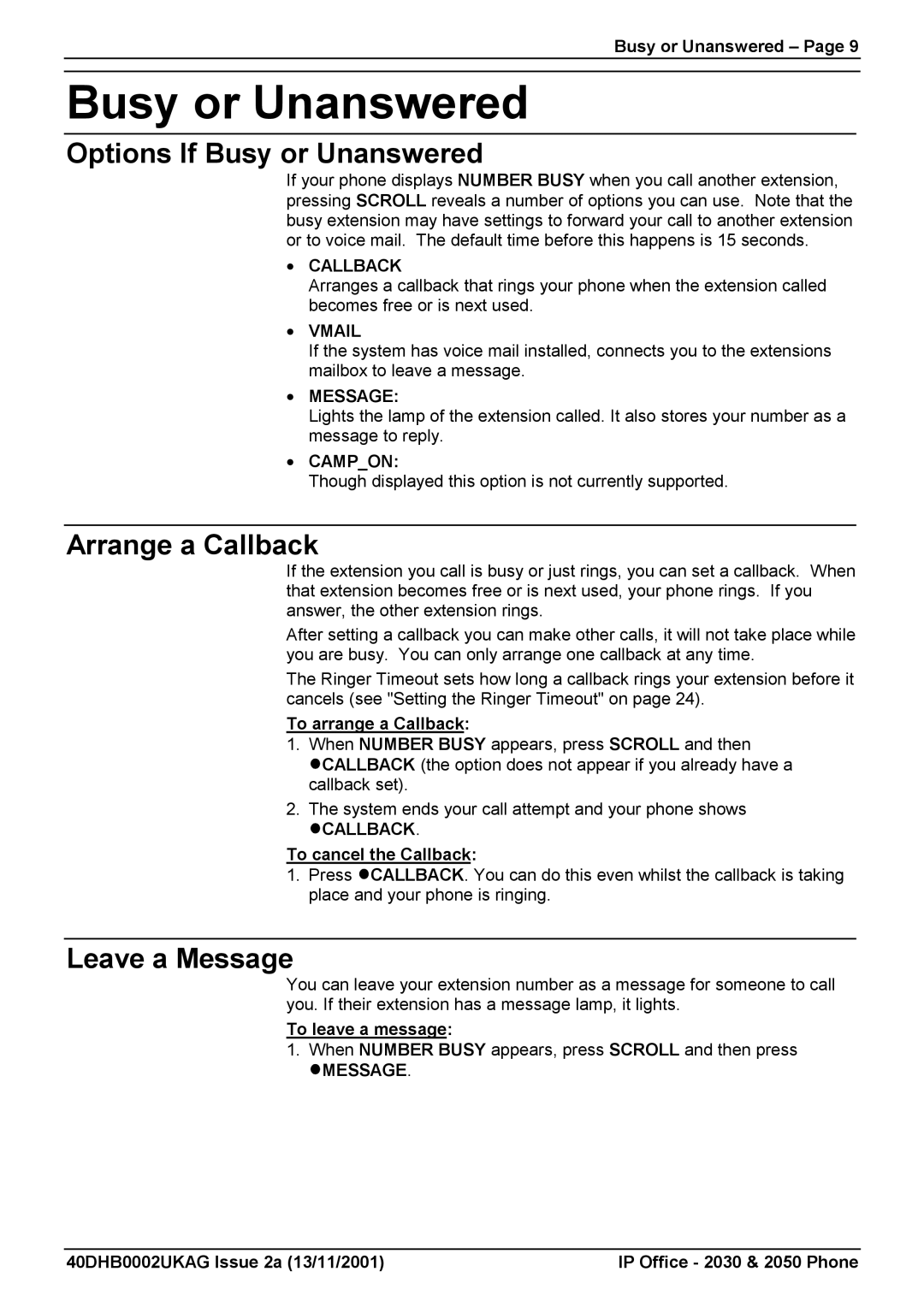 Avaya 2030, 2050 manual Options If Busy or Unanswered, Arrange a Callback, Leave a Message 