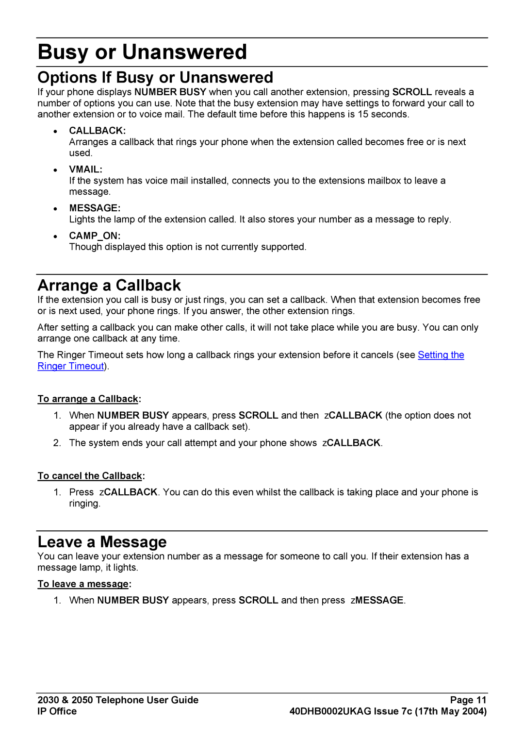 Avaya 2030, 2050 manual Options If Busy or Unanswered, Arrange a Callback, Leave a Message 