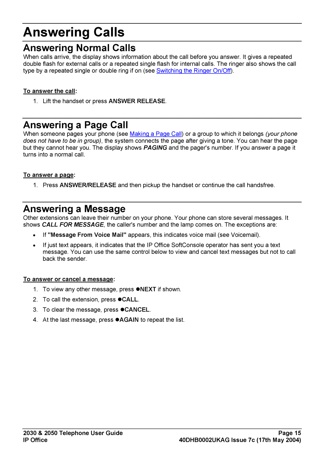 Avaya 2030, 2050 manual Answering Calls, Answering Normal Calls, Answering a Page Call, Answering a Message 