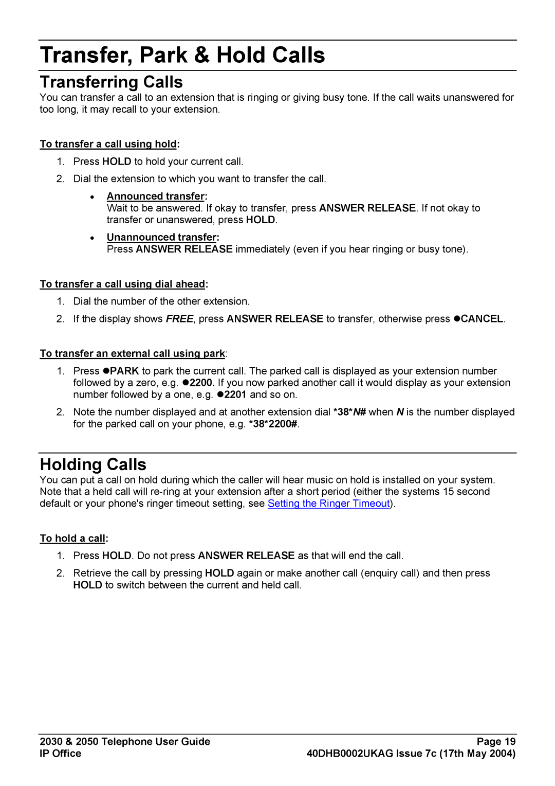 Avaya 2030, 2050 manual Transfer, Park & Hold Calls, Transferring Calls, Holding Calls 