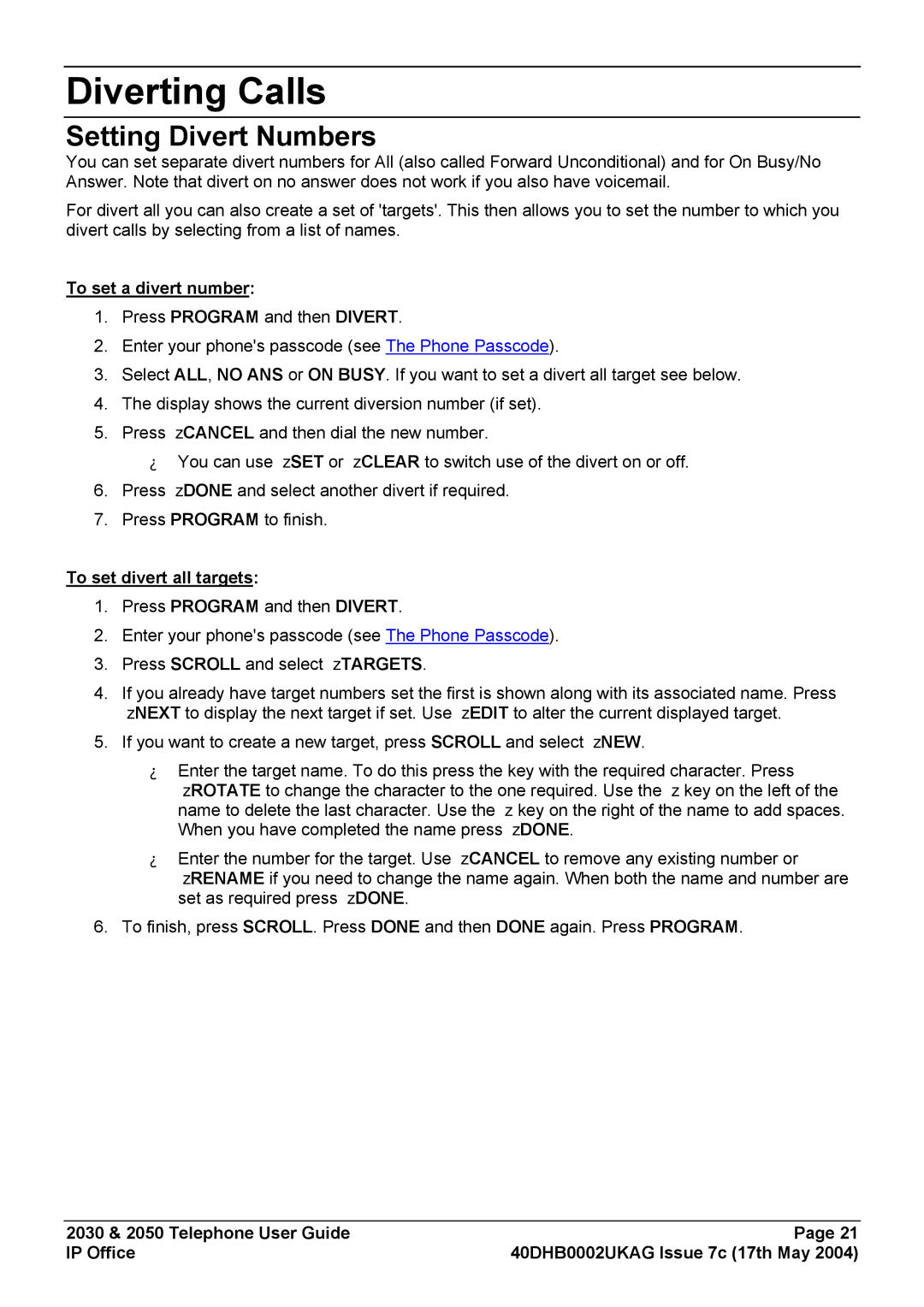 Avaya 2030, 2050 manual Diverting Calls, Setting Divert Numbers, To set a divert number, To set divert all targets 