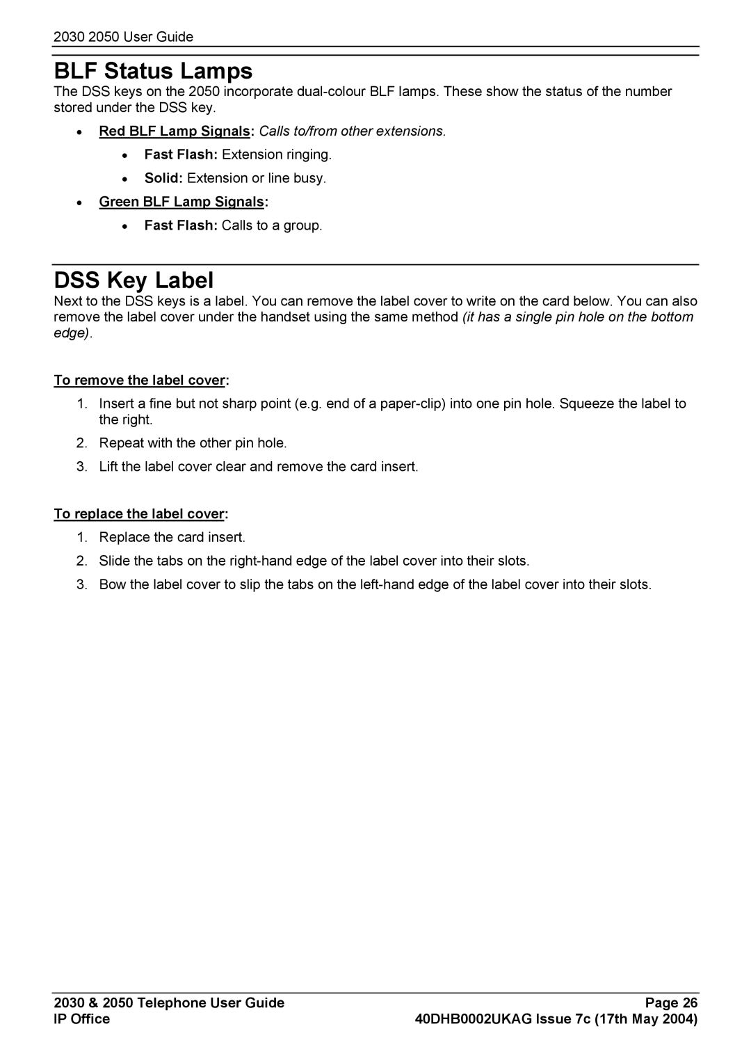 Avaya 2050 BLF Status Lamps, DSS Key Label, Green BLF Lamp Signals, To remove the label cover, To replace the label cover 