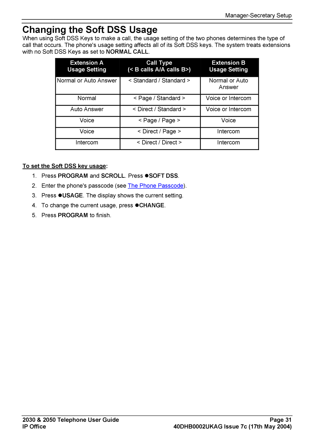 Avaya 2030, 2050 manual Changing the Soft DSS Usage, Calls A/A calls B 