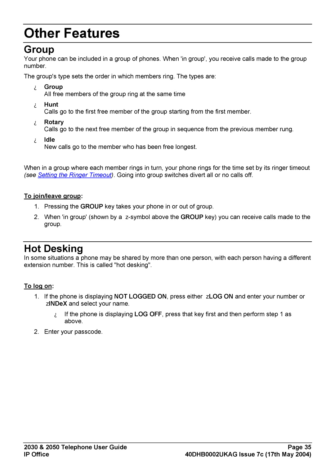 Avaya 2030, 2050 manual Other Features, Group, Hot Desking 