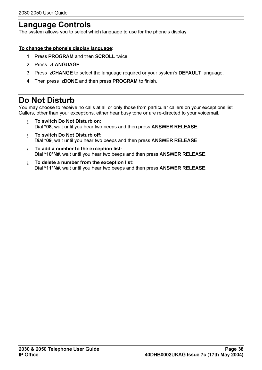 Avaya 2050, 2030 manual Language Controls, Do Not Disturb 