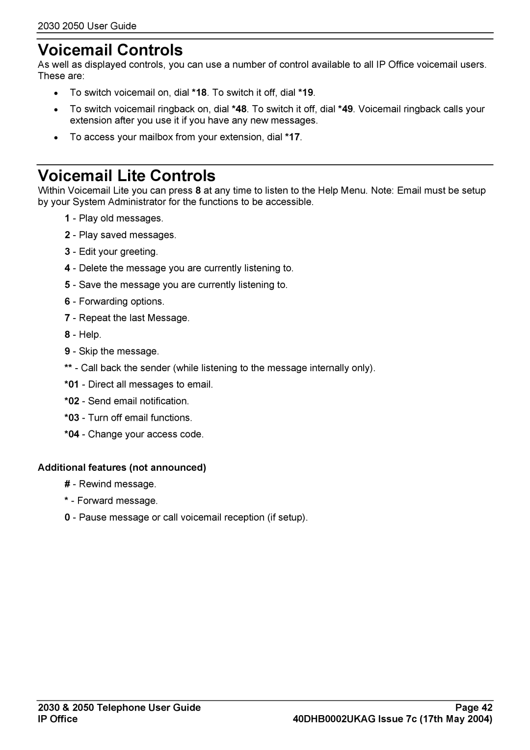 Avaya 2050, 2030 manual Voicemail Controls, Voicemail Lite Controls, Additional features not announced 