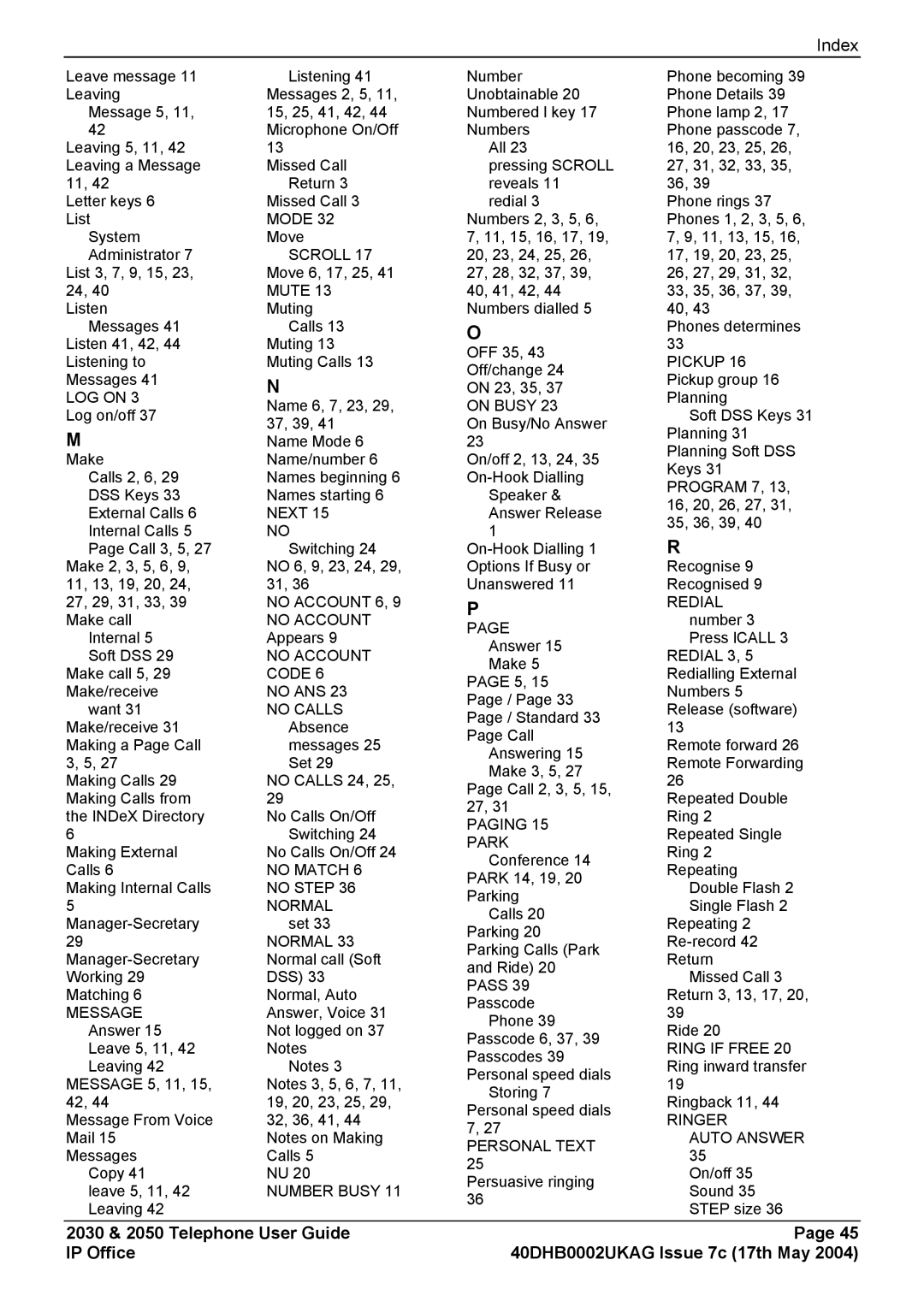 Avaya 2030, 2050 manual Index 