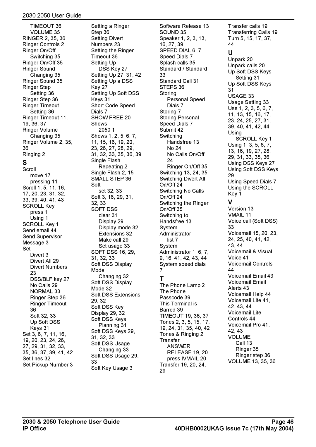 Avaya 2050, 2030 manual Timeout Volume 