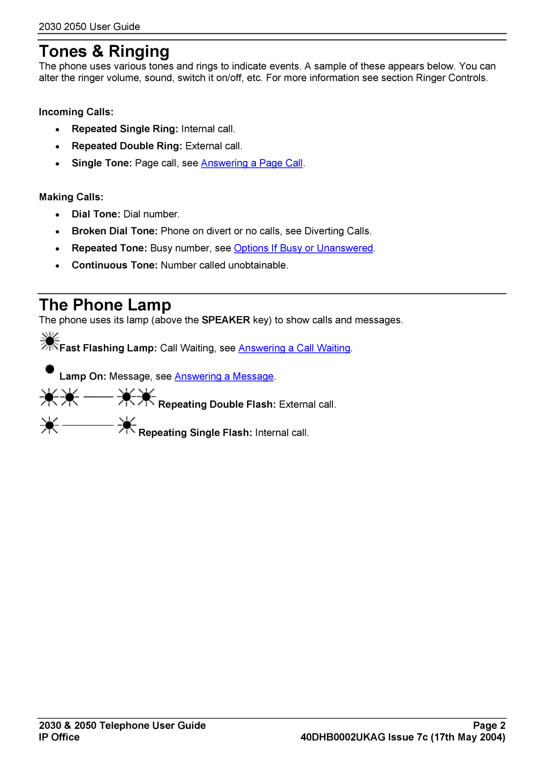 Avaya 2050, 2030 manual Tones & Ringing, Phone Lamp, Making Calls 