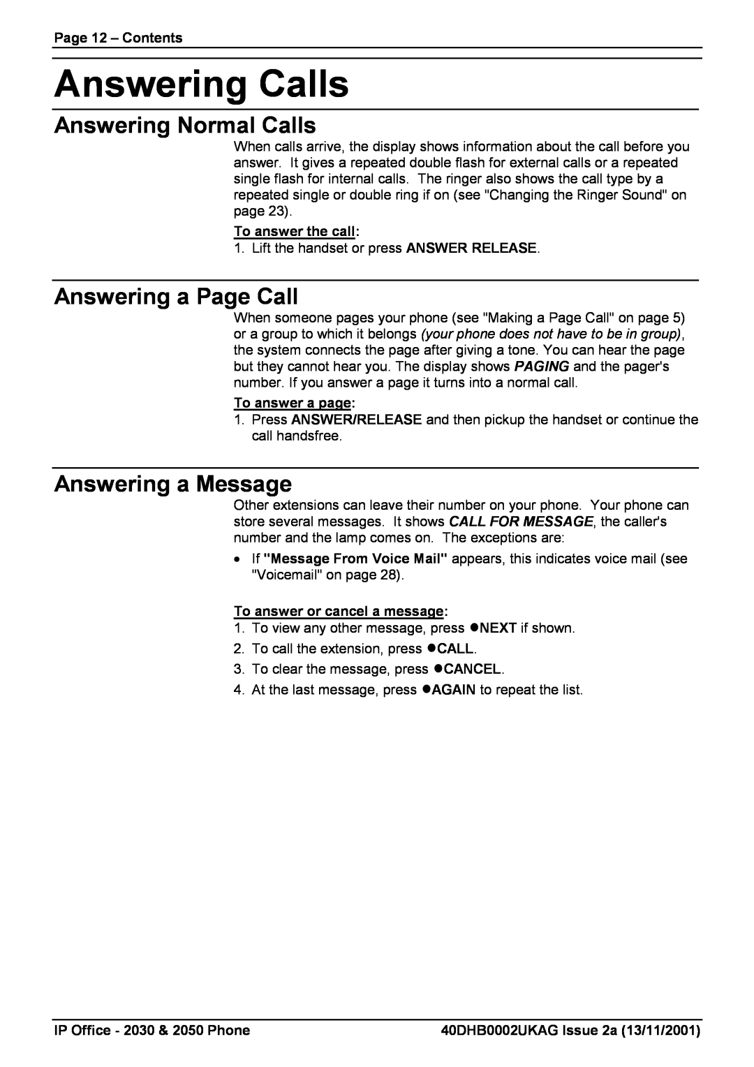 Avaya 2050, 2030 Answering Calls, Answering Normal Calls, Answering a Page Call, Answering a Message, Page 12 - Contents 