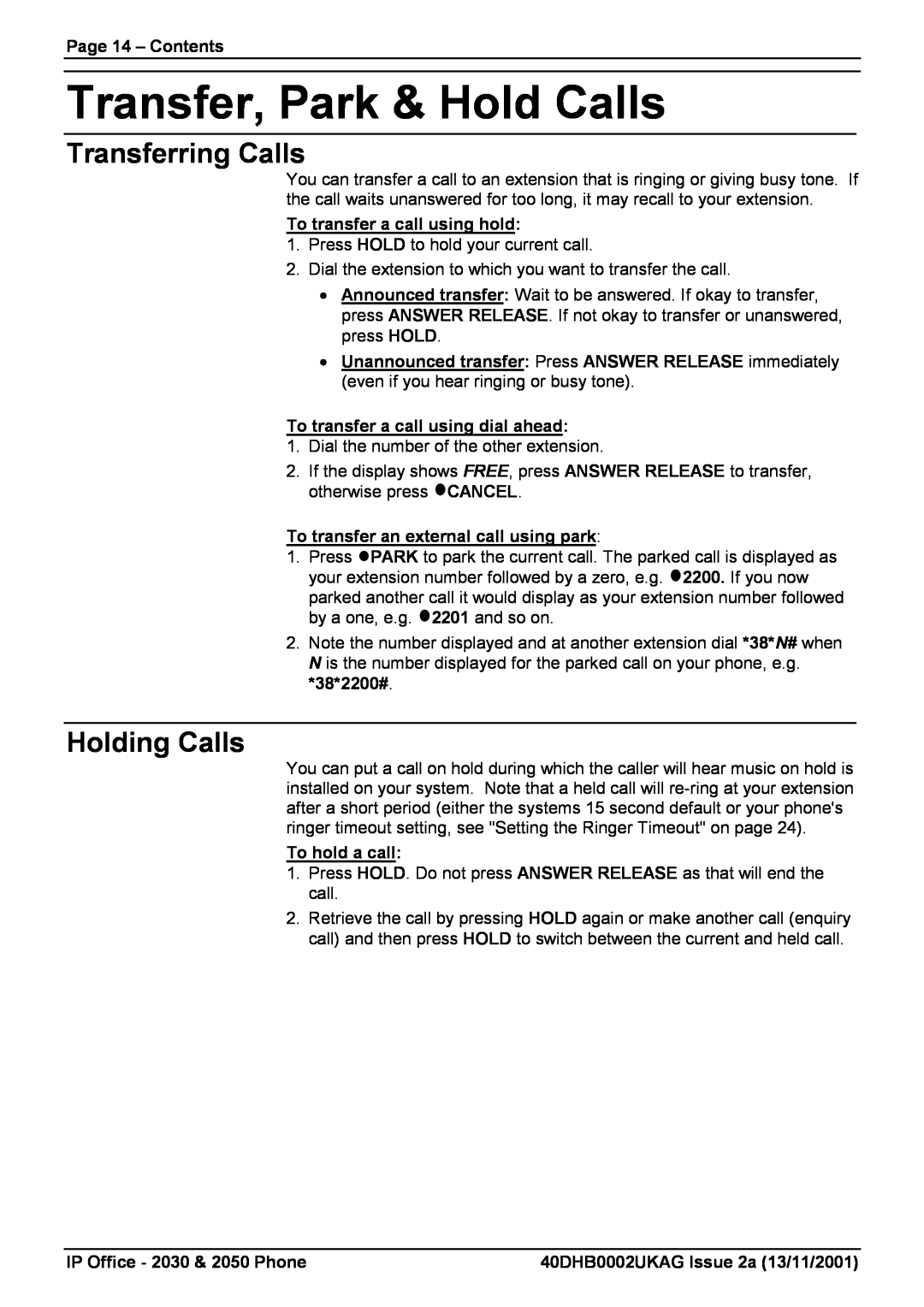 Avaya 2050, 2030 manual Transfer, Park & Hold Calls, Transferring Calls, Holding Calls, Page 14 - Contents, To hold a call 