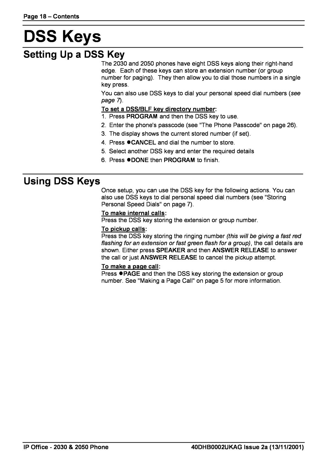 Avaya 2050, 2030 manual Setting Up a DSS Key, Using DSS Keys, Page 18 - Contents, To set a DSS/BLF key directory number 