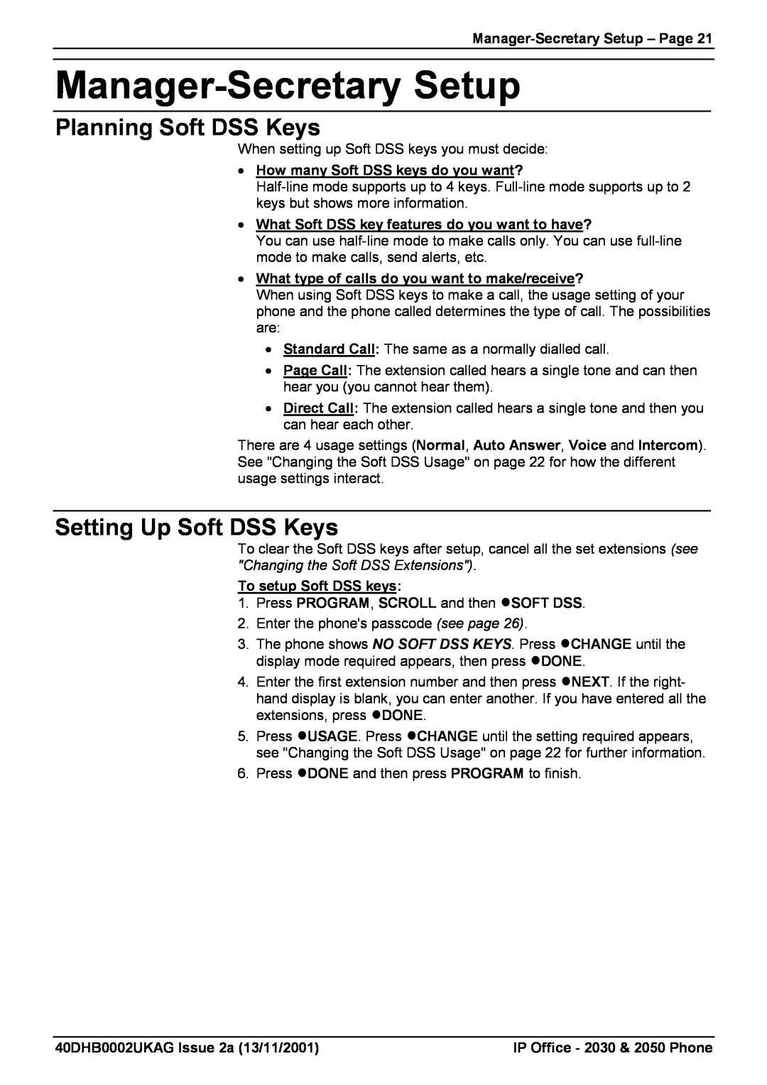 Avaya 2030, 2050 manual Planning Soft DSS Keys, Setting Up Soft DSS Keys, Manager-Secretary Setup - Page 