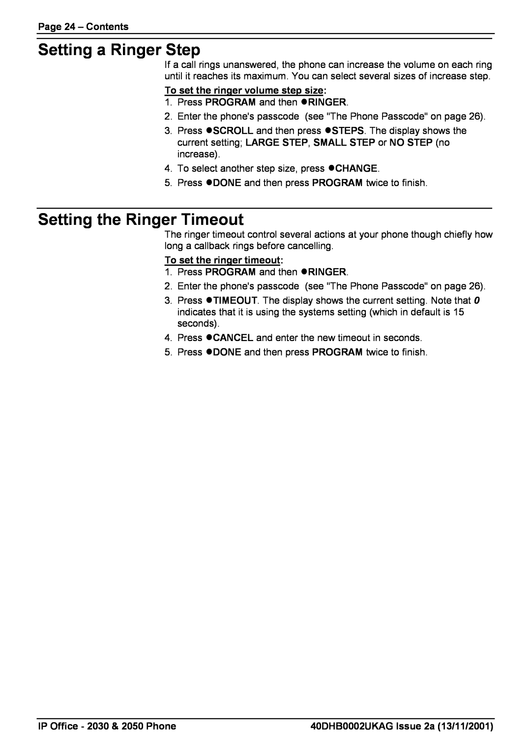 Avaya 2050, 2030 Setting a Ringer Step, Setting the Ringer Timeout, Page 24 - Contents, To set the ringer volume step size 