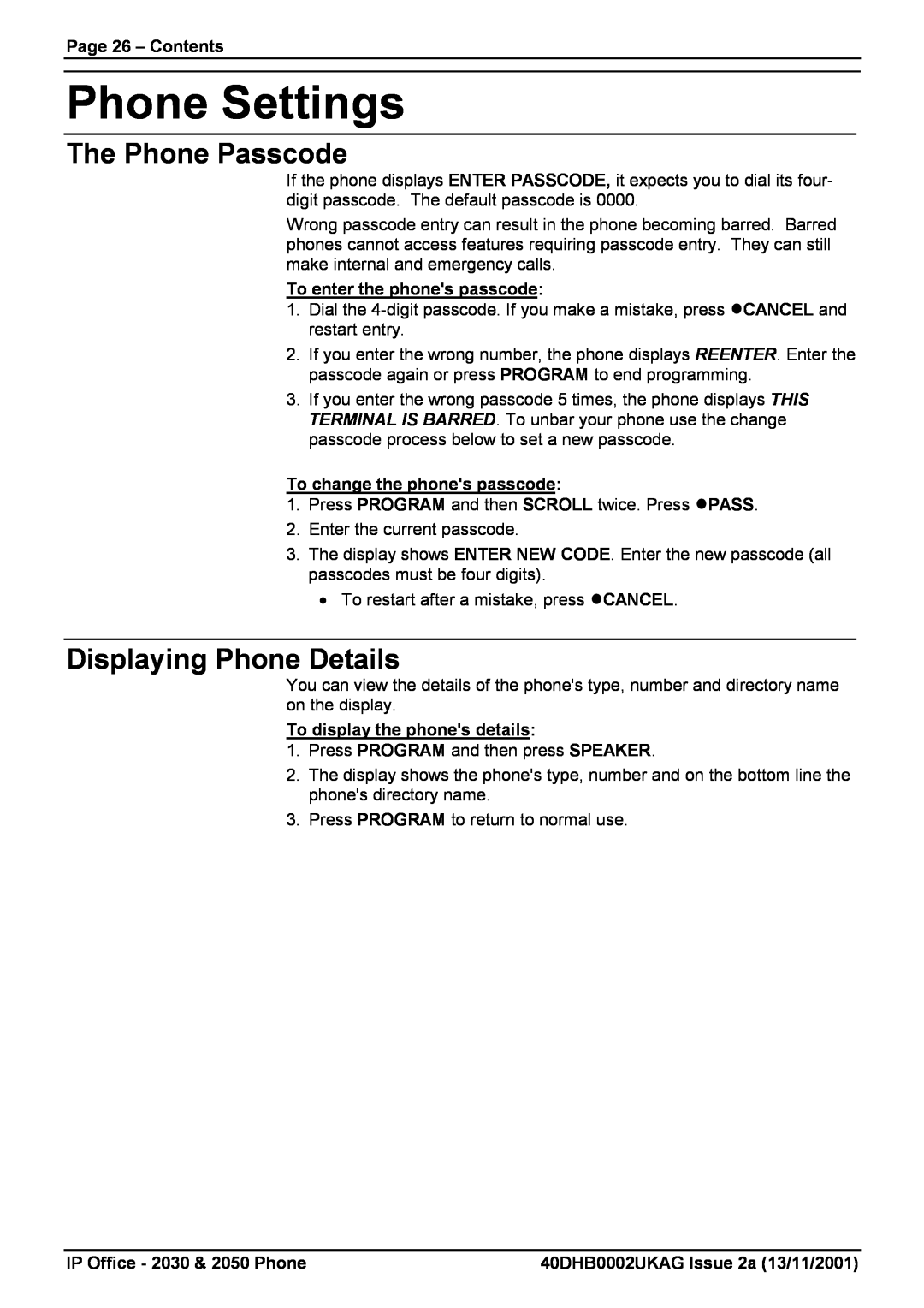 Avaya 2050 Phone Settings, The Phone Passcode, Displaying Phone Details, Page 26 - Contents, To enter the phones passcode 