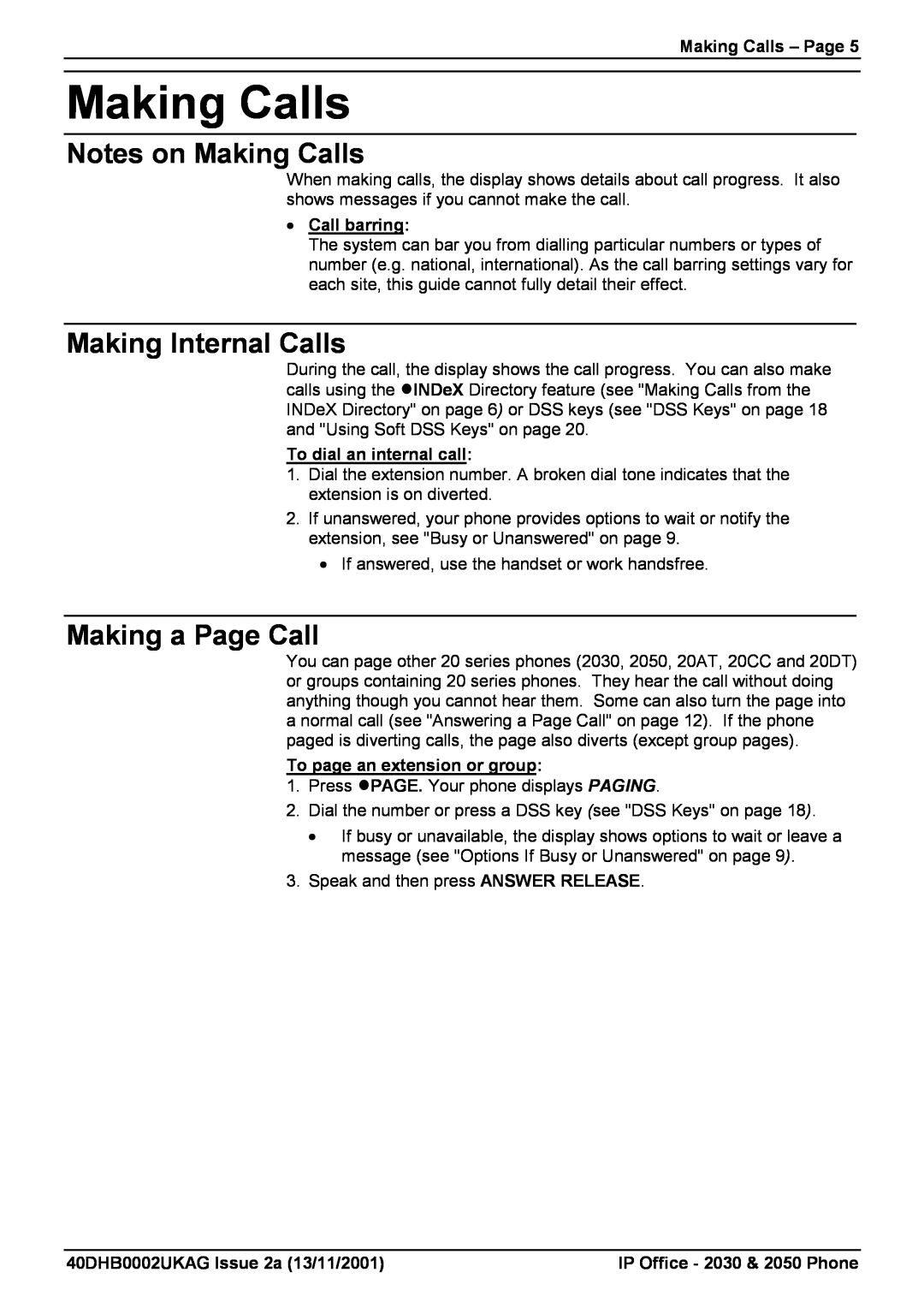 Avaya 2030, 2050 Notes on Making Calls, Making Internal Calls, Making a Page Call, Making Calls - Page, Call barring 