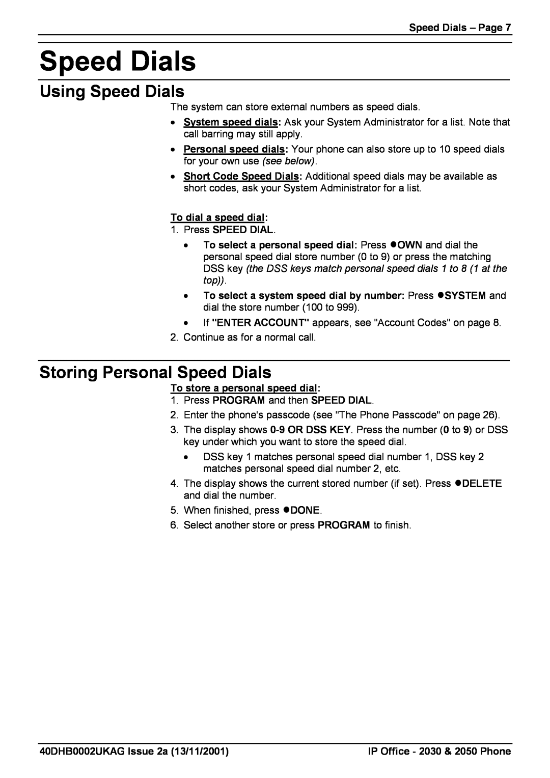 Avaya 2030 Using Speed Dials, Storing Personal Speed Dials, Speed Dials - Page, 40DHB0002UKAG Issue 2a 13/11/2001 
