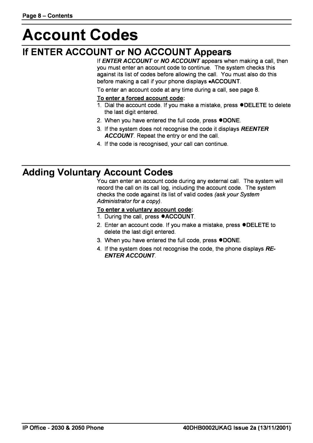 Avaya 2050 If ENTER ACCOUNT or NO ACCOUNT Appears, Adding Voluntary Account Codes, Page 8 - Contents, Enter Account 