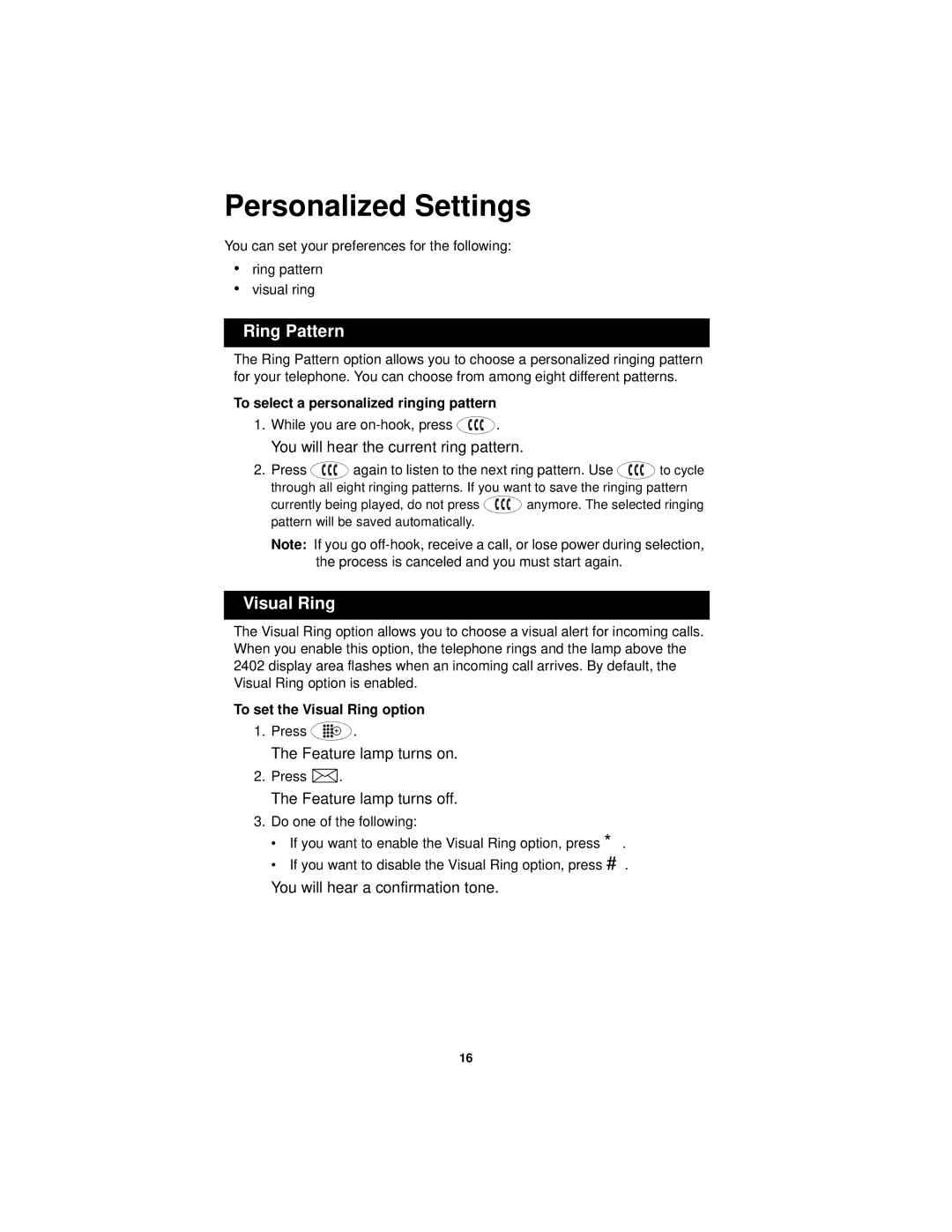 Avaya 2402 manual Personalized Settings, Ring Pattern, Visual Ring 