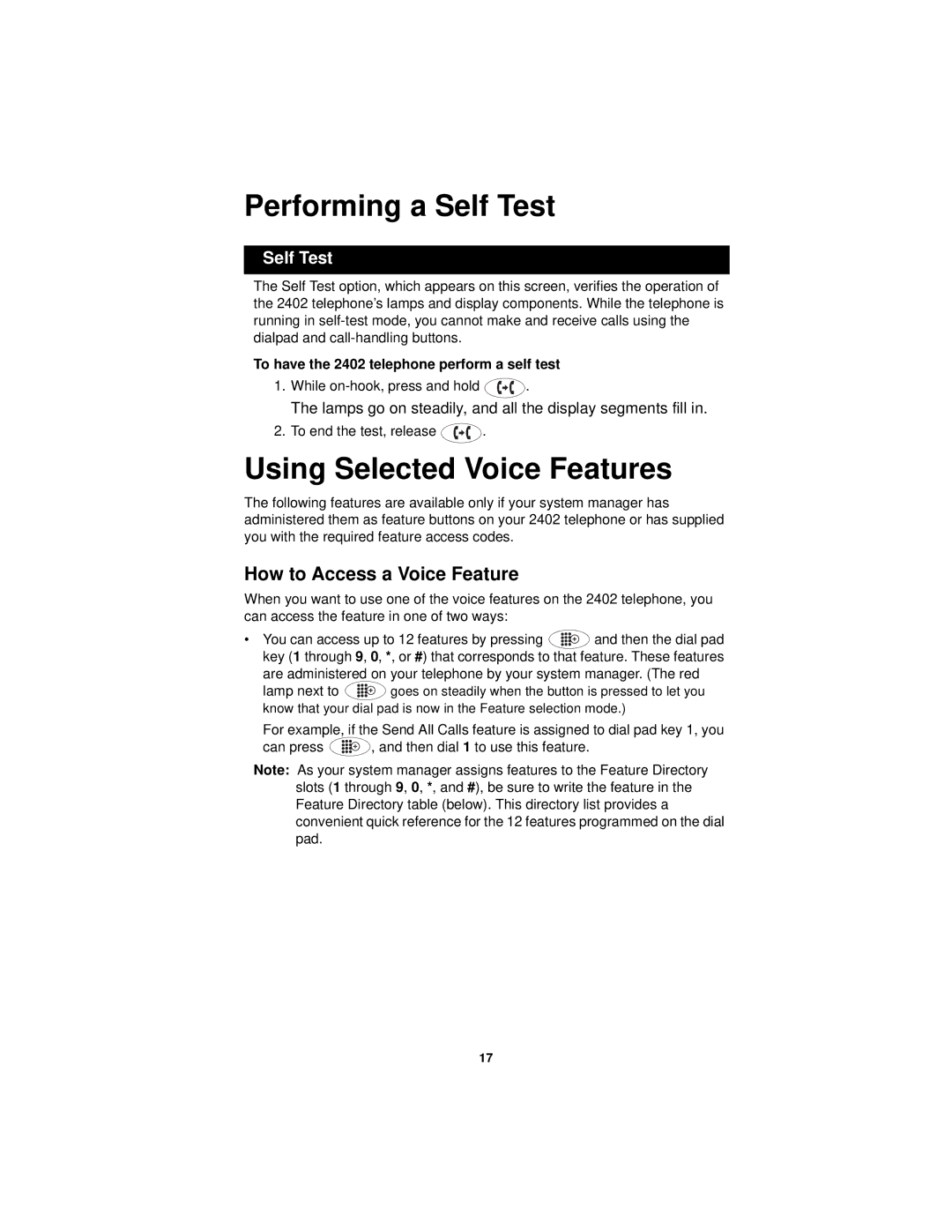 Avaya 2402 Performing a Self Test, Using Selected Voice Features, Lamps go on steadily, and all the display segments fill 