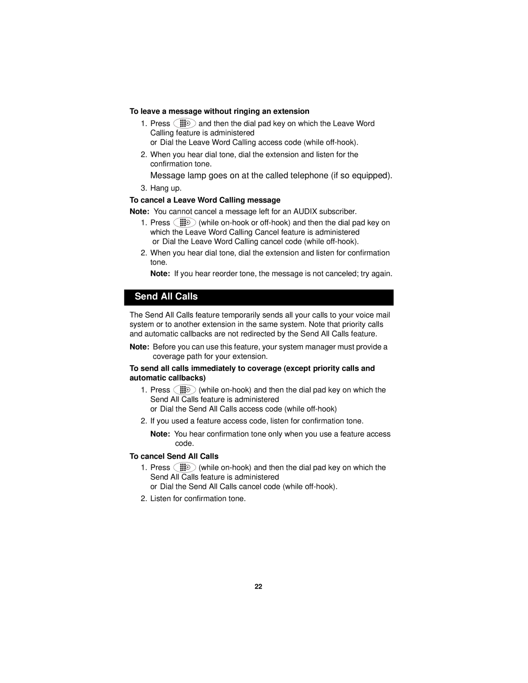 Avaya 2402 manual Send All Calls, To leave a message without ringing an extension, To cancel a Leave Word Calling message 