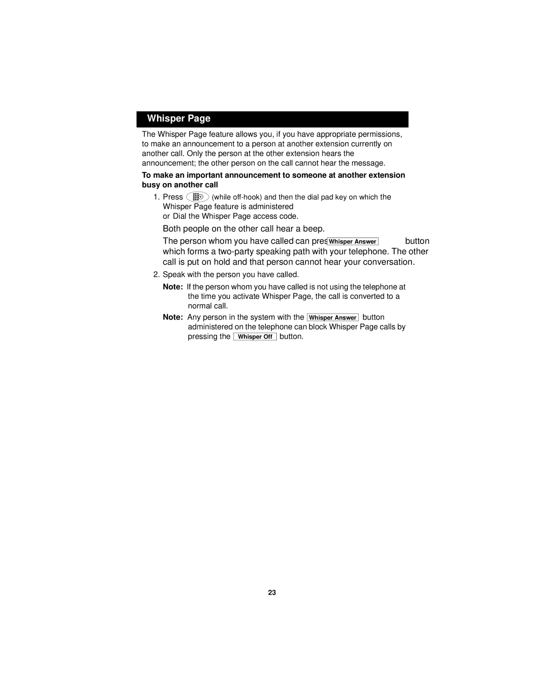 Avaya 2402 manual Whisper, Both people on the other call hear a beep 