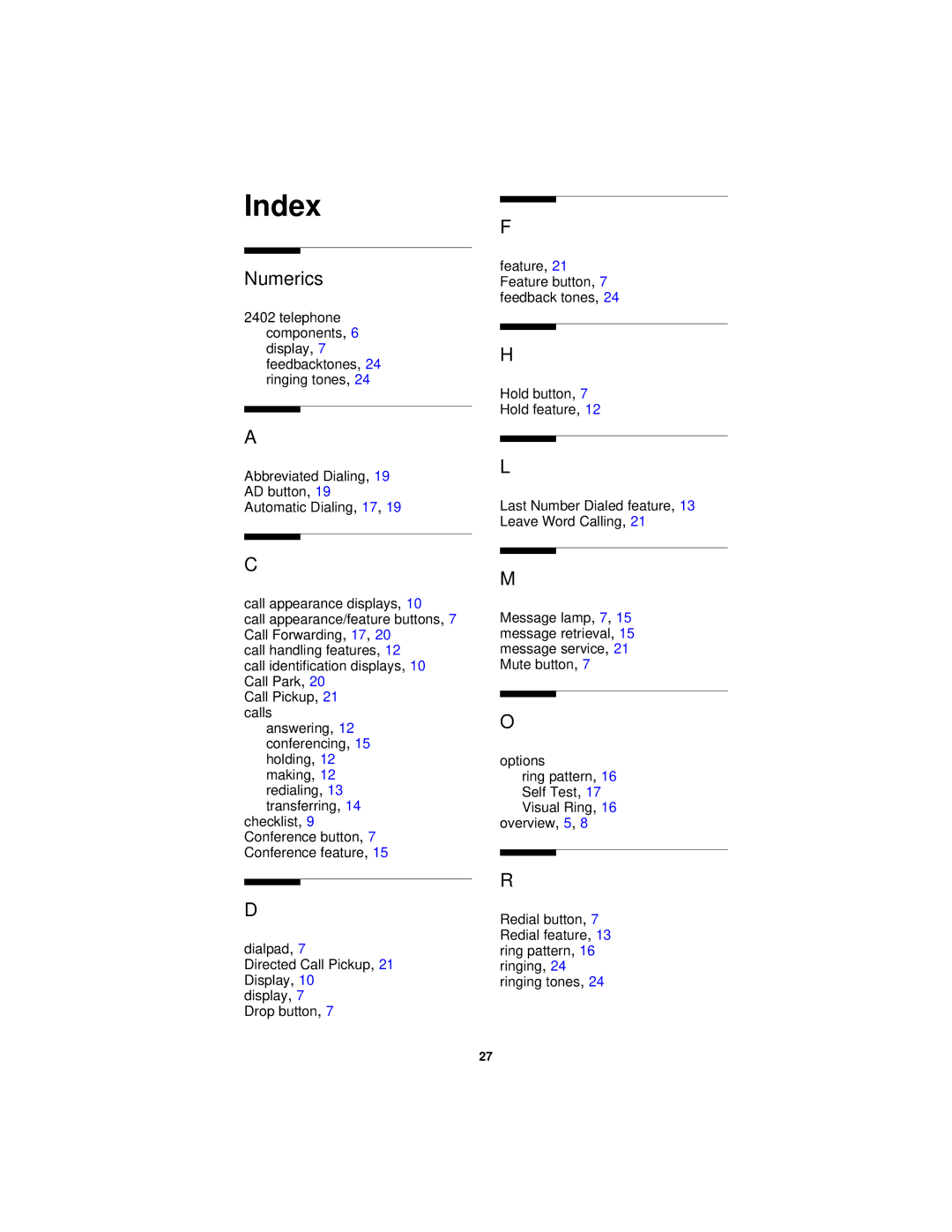 Avaya 2402 manual Index, Numerics 