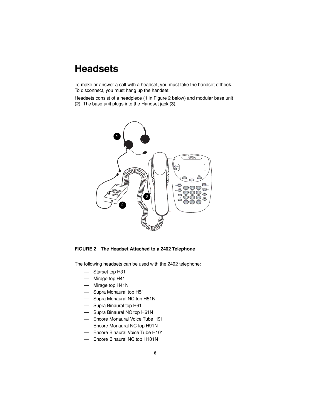 Avaya manual Headsets, Headset Attached to a 2402 Telephone 