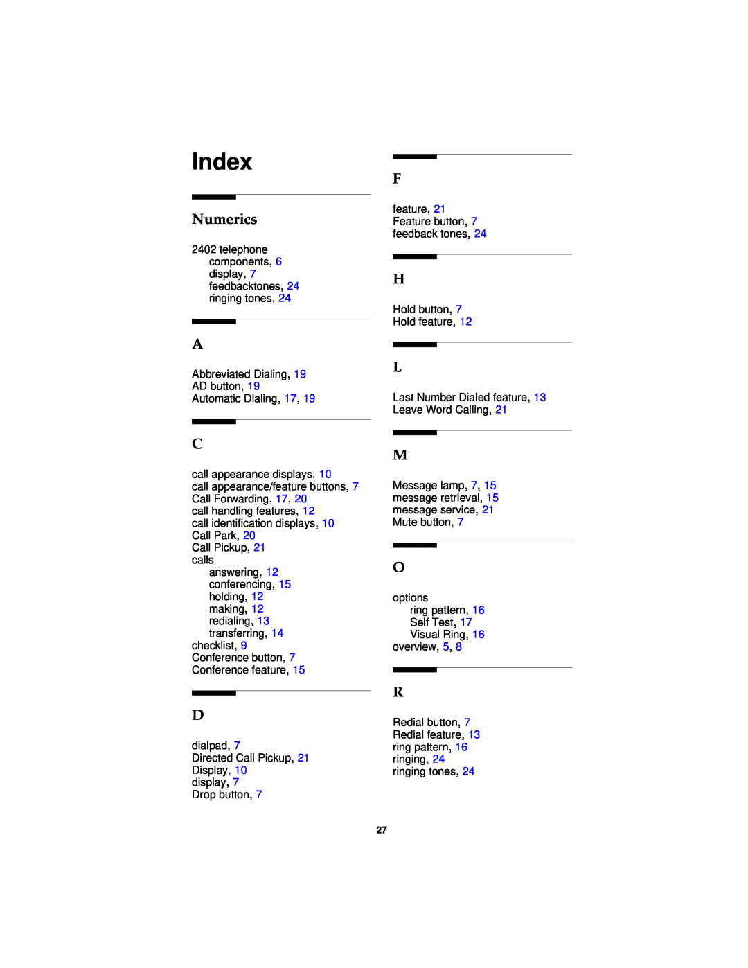 Avaya 2402 manual Index, Numerics 