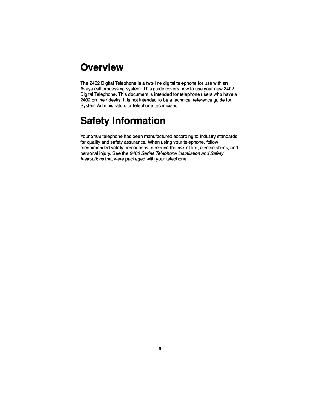 Avaya 2402 manual Overview, Safety Information 