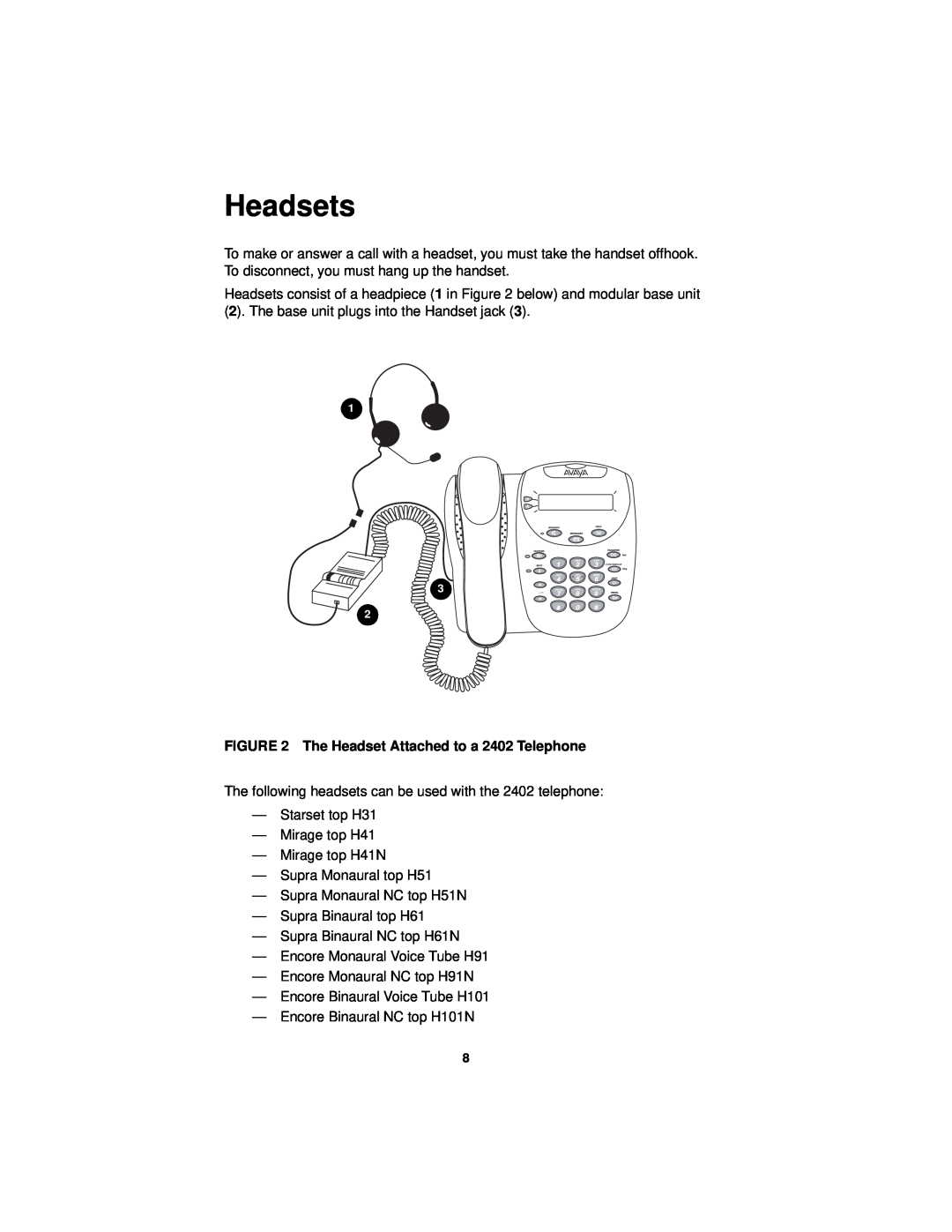 Avaya manual Headsets, The Headset Attached to a 2402 Telephone 