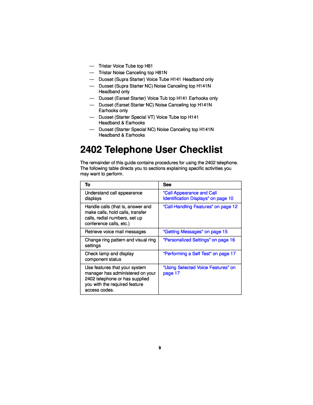 Avaya 2402 manual Telephone User Checklist, “Call Appearance and Call, Identification Displays” on page 