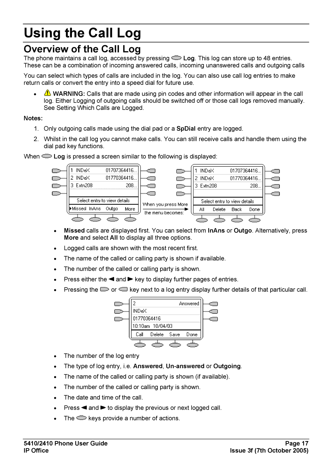 Avaya 5410, 2410 manual Using the Call Log, Overview of the Call Log 