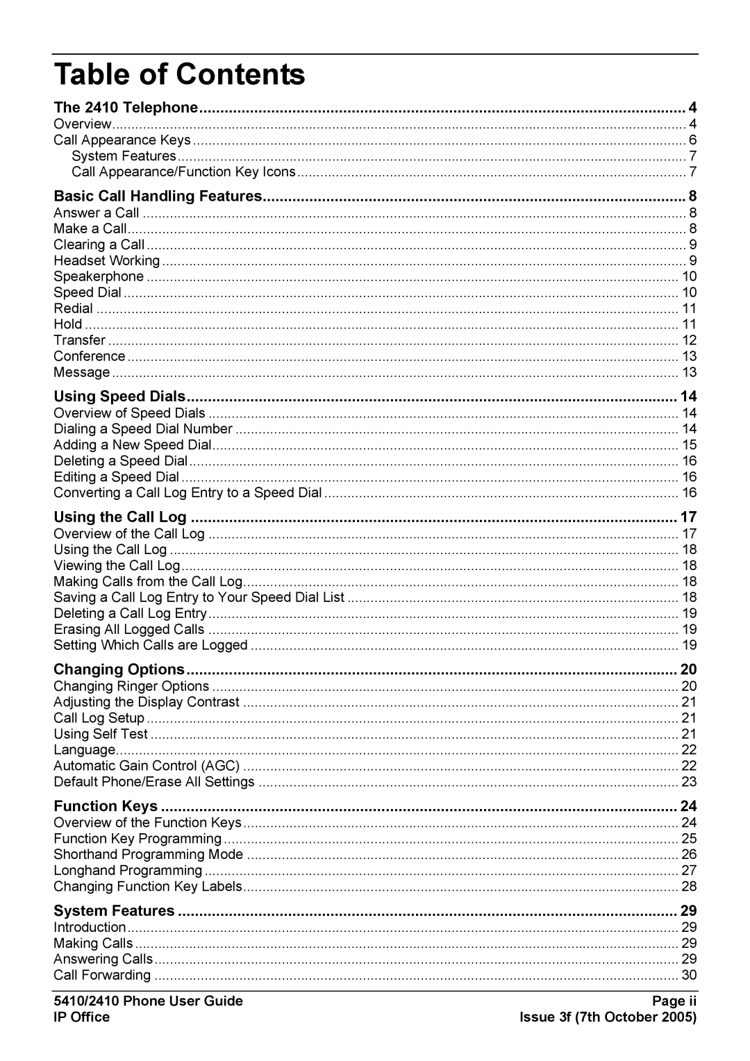 Avaya 2410, 5410 manual Table of Contents 