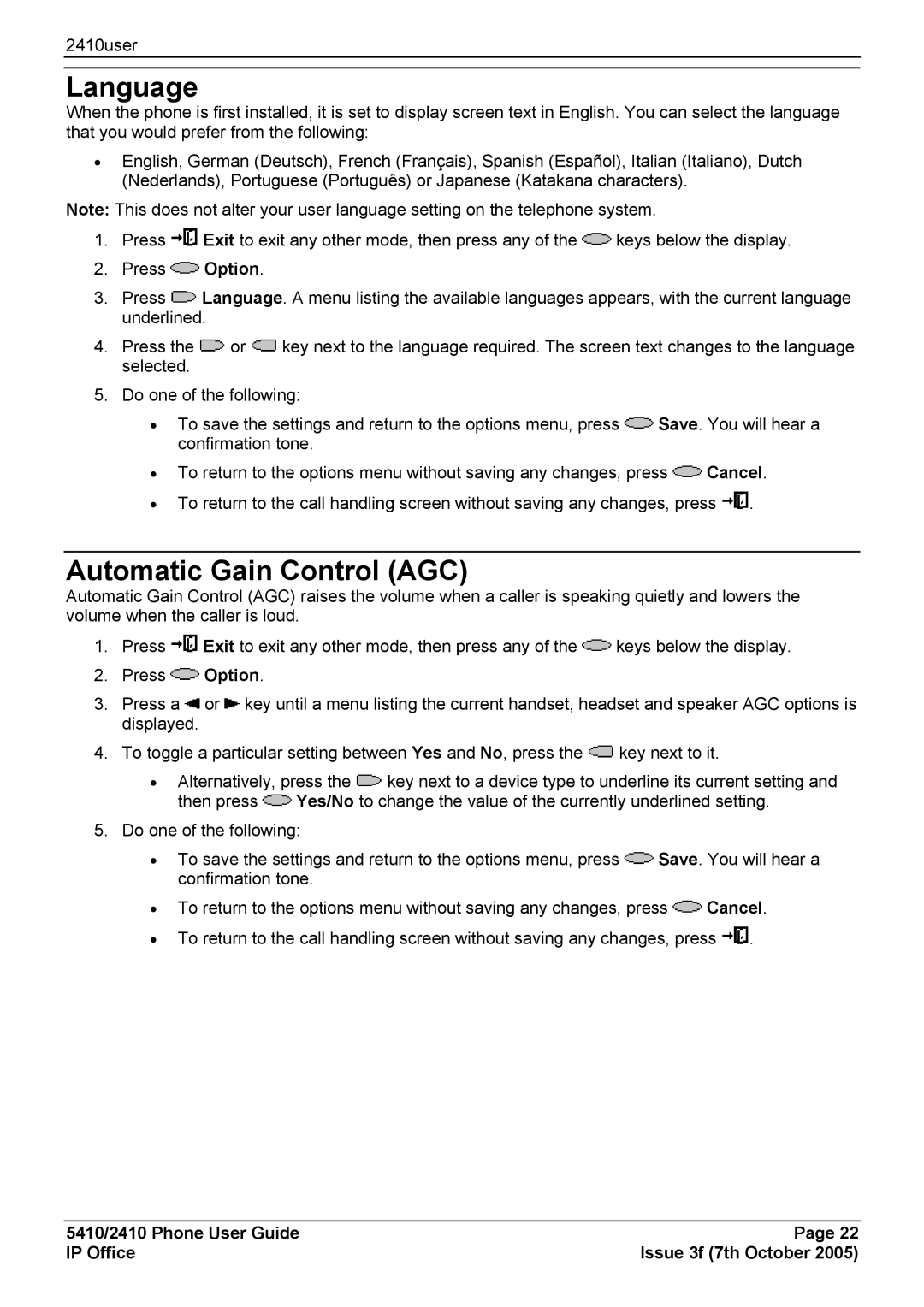 Avaya 2410, 5410 manual Language, Automatic Gain Control AGC 