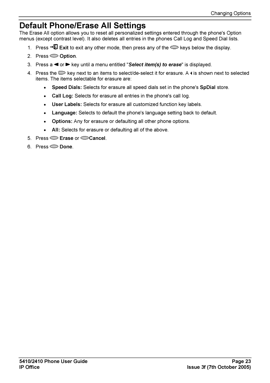 Avaya 5410, 2410 manual Default Phone/Erase All Settings, Press Erase or Cancel 