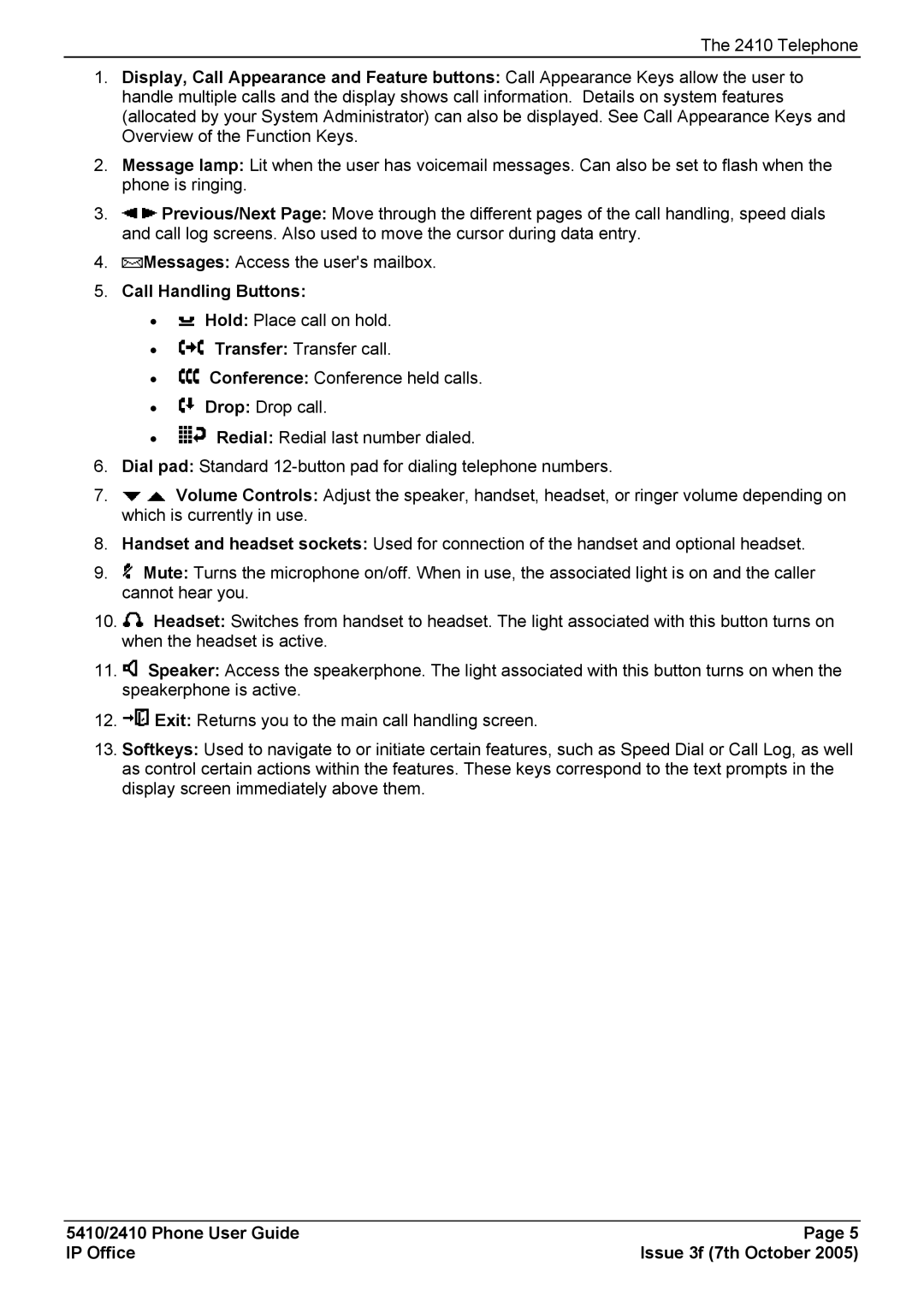 Avaya 5410, 2410 manual Call Handling Buttons 