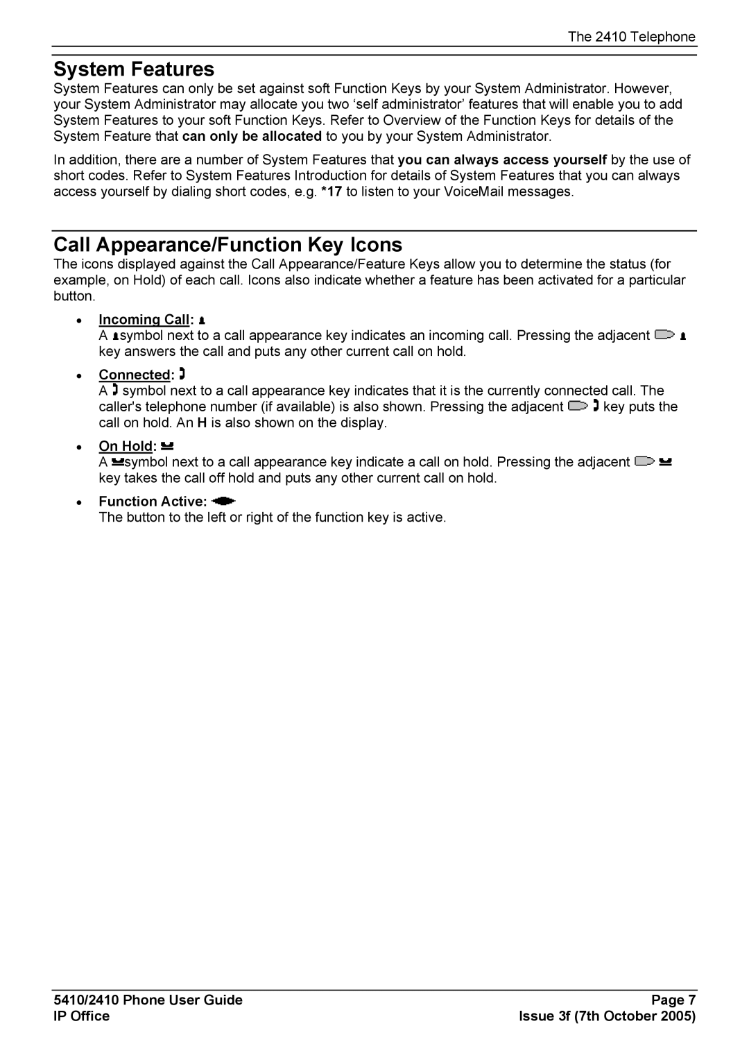 Avaya 5410, 2410 manual Incoming Call, Connected, On Hold, Function Active 